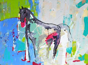 TITLE: A:"What happens to race horses when they retire?" B:"They dream of running free." (horse figurative green blue red landscape race) thumb