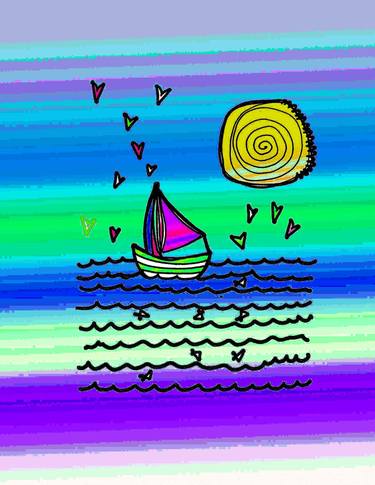 Sailboat Whimsy at Night Blue Green Sea and Skies Fun Humourous - Limited Edition of 20 thumb
