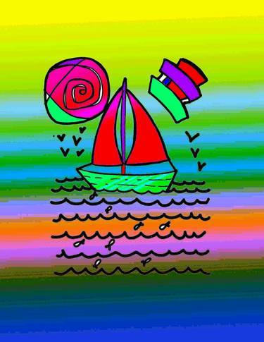 Sailboat Fun Whimsical Colorful Excitement Green Blue Pink Calm Seas Waves Birds - Limited Edition of 20 thumb