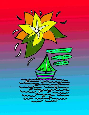Red Skies Blue Seas Fun Sailboats a Kind of Illustration New Media Primitive Childlike - Limited Edition of 20 thumb