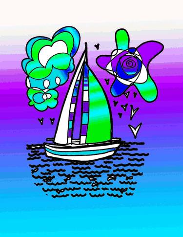 Purple Blue Seascape Childlike Storytime Illustration Style - Limited Edition of 20 thumb