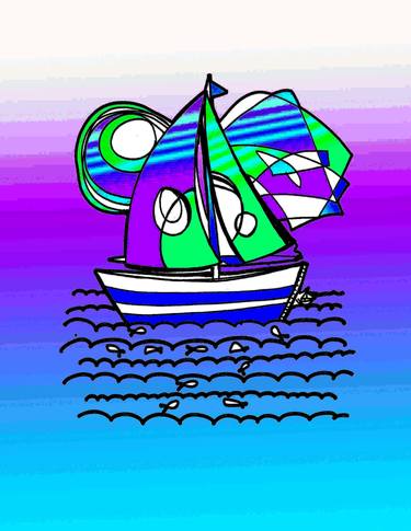 Green Sails Sailboat at Sea Purple Skies Surrealism Cubism Naive Child like Illustration STYLE - Limited Edition of 20 thumb