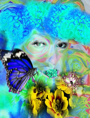 Psychic Energy Reading Tribute Homage Commemorative Portrait Art  (Mediumistic Art Style) Blue Flowers thumb