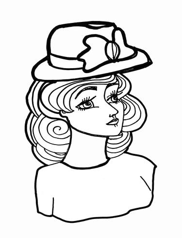 From "Fance Red Hat" Coloring Book Black White Drawing Nostalgia Lady thumb