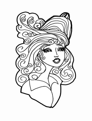 From "Fine Red Hat" Coloring Book Black White Drawing Lady in Hat 20th Century Large Big Hair thumb