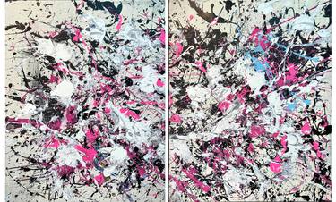 Pollock Study No.35(2018) by Adam Zafrian, Pink and Blue Abstract Diptych, 2 Canvas Set thumb