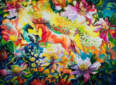 Calico Horses Dancing in a Garden of Roses and Poppies -- Giclee Print - Limited Edition 1 of 20 thumb