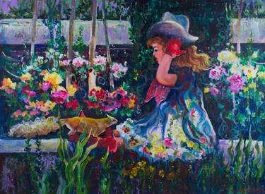 A Western Squirrel Encounters a Young Girl in a Garden of Wild Flowers - Limited Edition 1 of 20 thumb