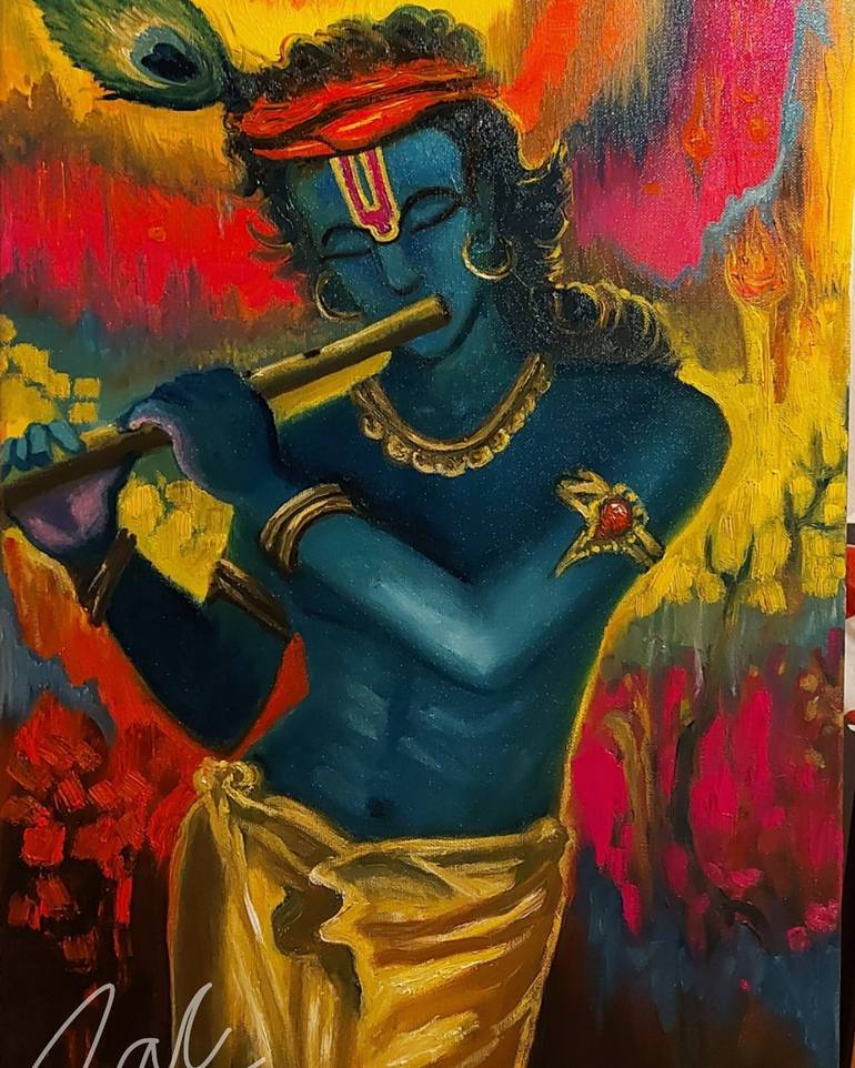 lord krishna with flute paintings