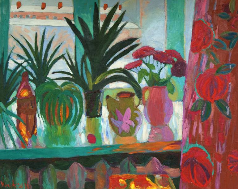 A Large Window Sill With Flowers Painting By Elena Nikiforova