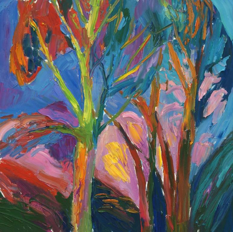 Trees lit by the sun at sunset Painting by Elena Nikiforova | Saatchi Art