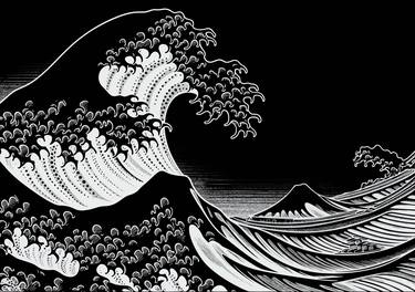 An oriental Japanese great wave in a vintage retro engraved etch thumb