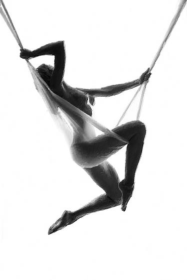 Nude Woman Suspended On Silk Black On White thumb
