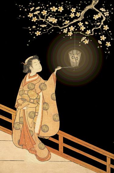Japanese Cherry Blossom Japanese Woodblock Art Print Night Lamp thumb