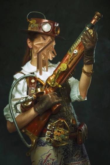 Portrait of a beautiful Doomsday steampunk woman holding a gun thumb