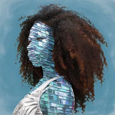 beautiful young afro woman in profile on aquamarine blue backgro thumb