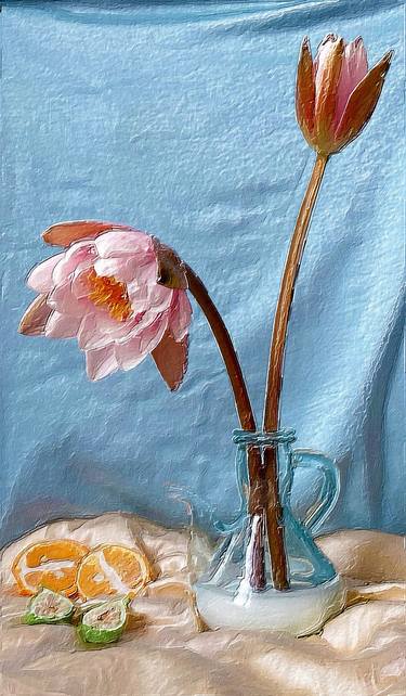 Pink Flower Vase Still Life With Blue Background thumb