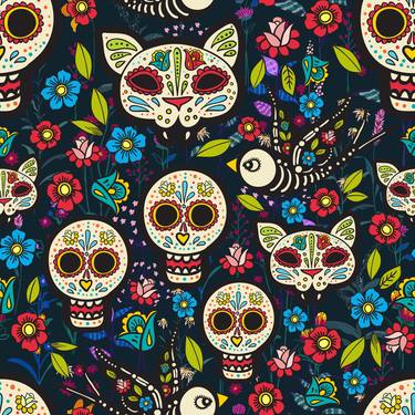 Day of the Dead Cat Sugar Skulls Pattern - Limited Edition of 1 thumb