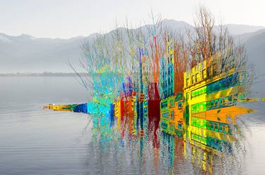 Juxtaposition City Street Bushes and Reflection in Lake With Mountain - Limited Edition of 1 thumb