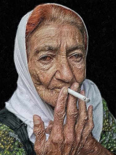 Old Woman Smoking With Cigarette Close Up - Limited Edition of 1 thumb