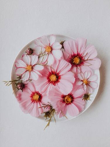 Pink Flowers On Plate Still Life - Limited Edition of 1 thumb