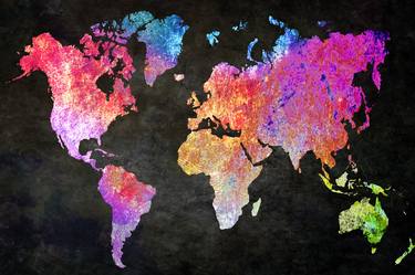 World Map Distressed Colorful Blue - Limited Edition of 1 thumb
