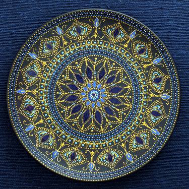Decorative ceramic plate with black, blue and golden colors - Limited Edition of 1 thumb