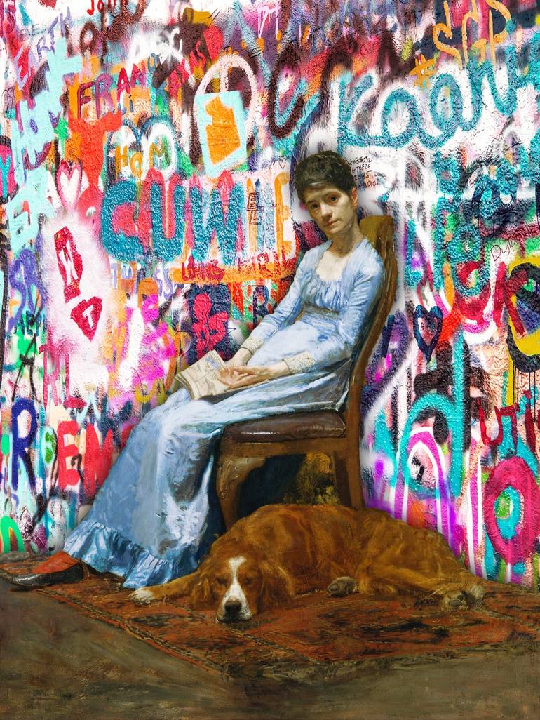 Graffiti Book Reading Woman - Limited Edition of 1 Mixed Media by Tony  Rubino