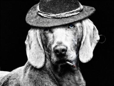 Cute Dog With Hat And Ear Ring Black And White - Limited Edition of 1 thumb