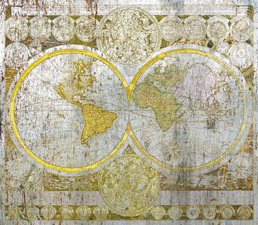 Vintage World Map Remastered with Silver And Gold Metal 4 - Limited Edition of 1 thumb