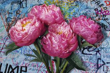 Pink peony flower Graffiti background, design space - Limited Edition of 1 thumb