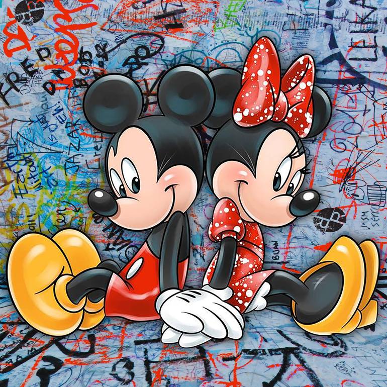 Mickey And Minnie Mouse Pop Art Graffiti Love Red Mixed Media by Tony  Rubino