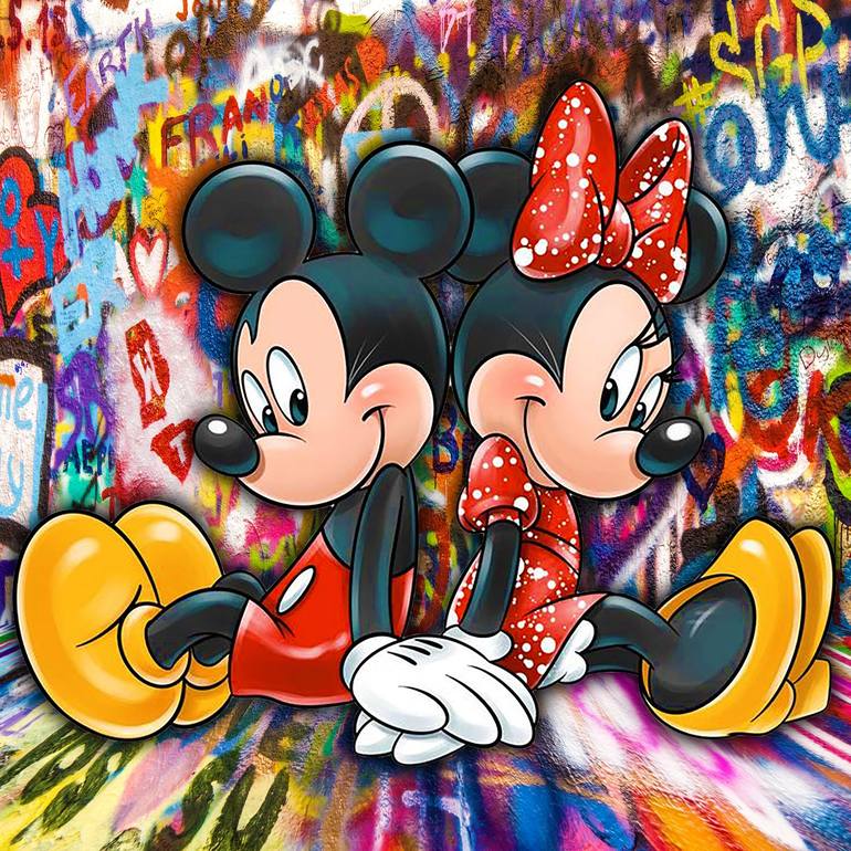 Mickey And Minnie Mouse Pop Art Graffiti Love Happy 4 Mixed Media by Tony  Rubino