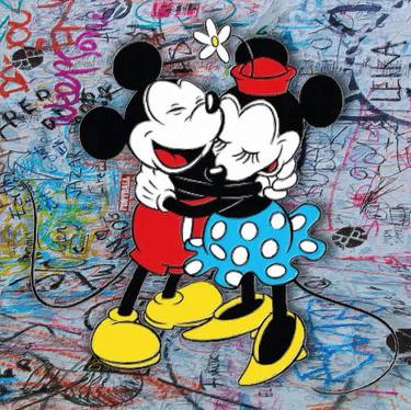 Mickey And Minnie Mouse Pop Art Graffiti Love Hug Blue thumb