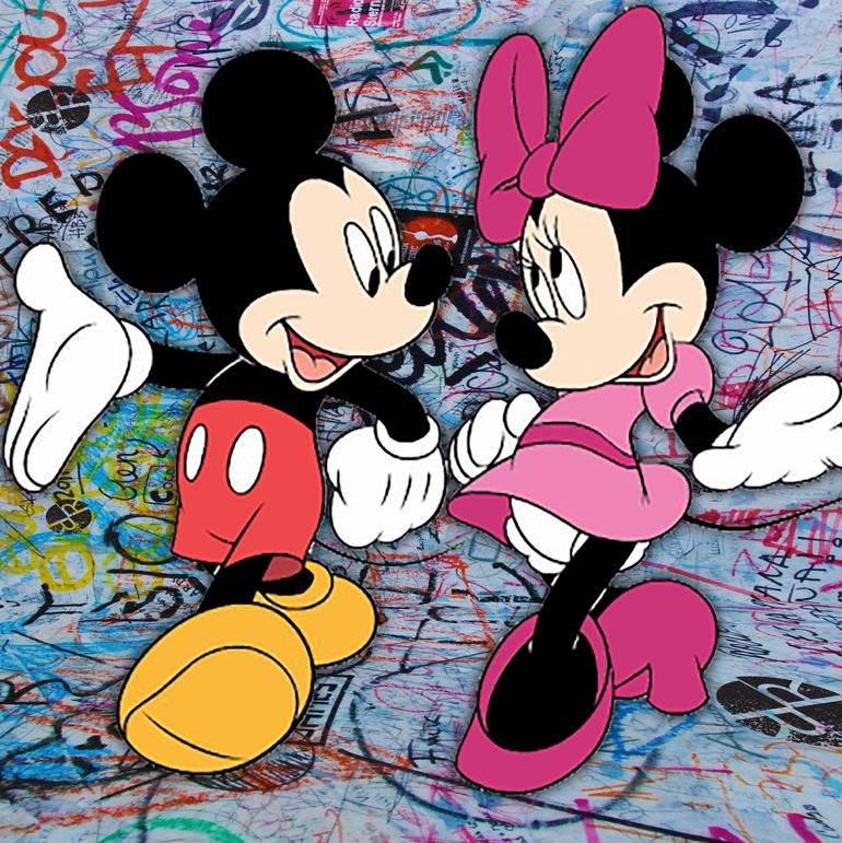 Mickey And Minnie Mouse Pop Art Graffiti Love Happy 4 Mixed Media by Tony  Rubino