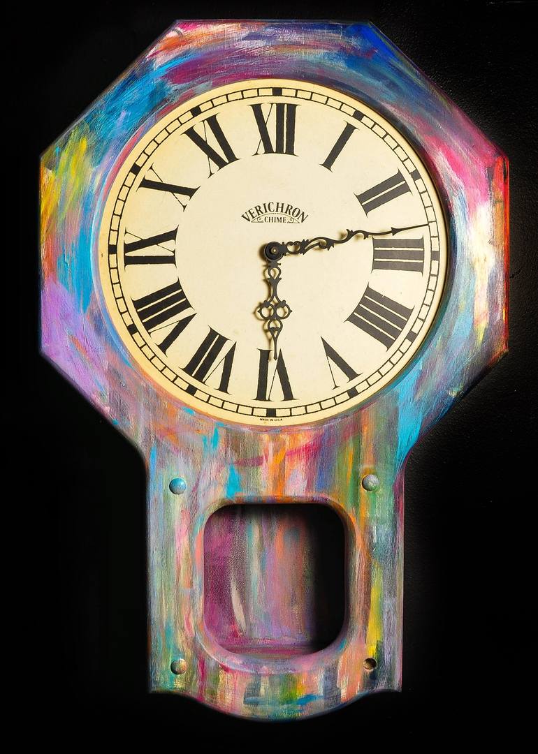 Baby Time - Original Abstract Acrylic Wall Art Painting on Vintage Clock -  Blue, Yellow, White, Green, Orange, Cream, Red, Purple, Pink Painting by  Erika Rachel