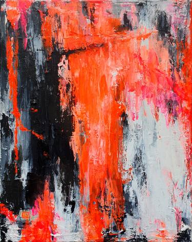 White Orange Abstract Painting, Improvisation, Neon Abstract thumb