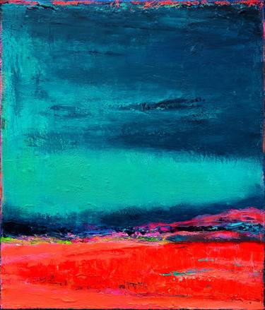Teal Orange Abstract Painting, Love is the bridge, Neon Red thumb