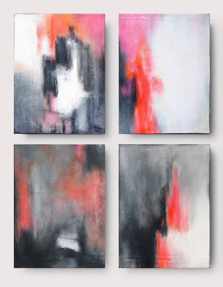 Original Abstract Painting by Leon Grossmann | Abstract Art on Canvas | Neon Pink Abstract Painting, Dialogue of the Soul, Set of 4