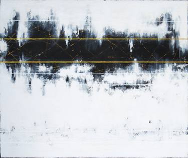 White Abstract Painting. Modern Rhythm. Black Gold Abstract thumb