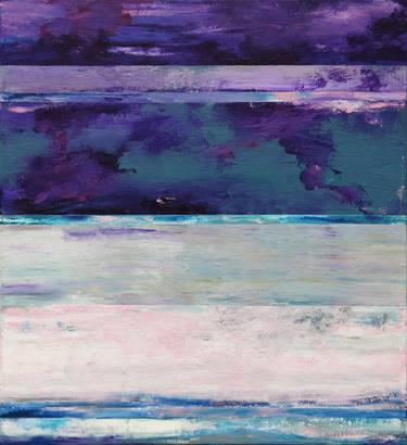 Grey Blue Abstract Painting, Purple Evening, Mystical Lake thumb