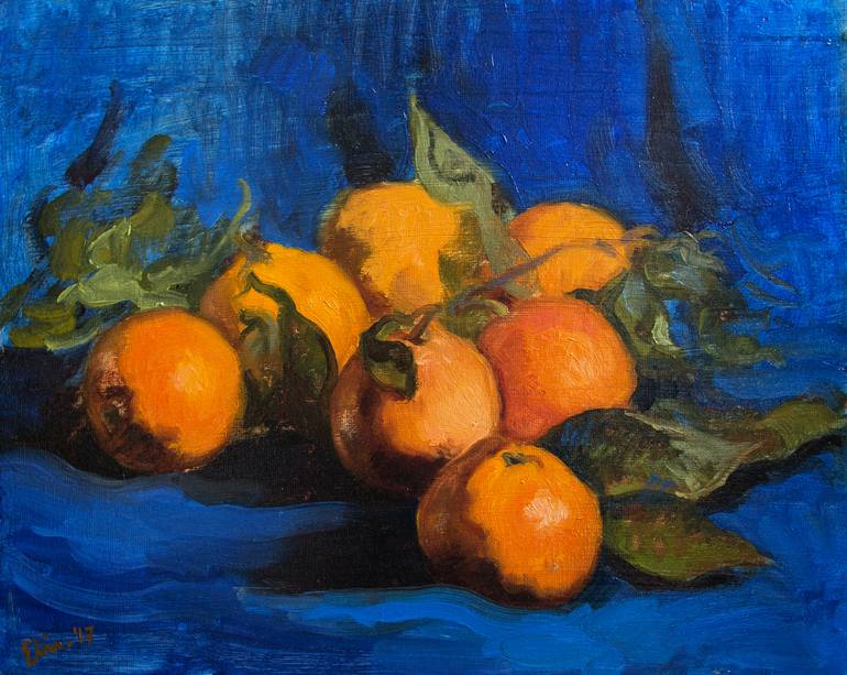 Oranges on Blue background Painting by Elina Jermaka Saatchi Art