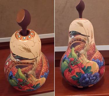 Souvenir box for storage in the form of a pear, carved from wood (linden)   and covered with acrylic painting on the whole surface thumb