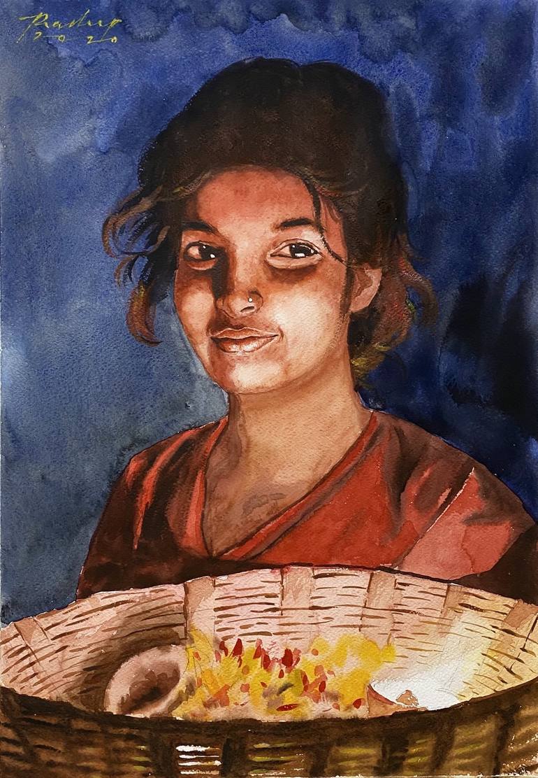 Village girl with lights Painting by Pradeep Sankunny | Saatchi Art