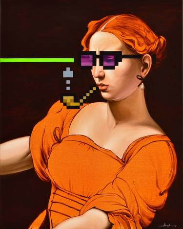 UNTITLED 07232021 / Fillide Melandroni, a Friend of Michelangelo Merisi da Caravaggio, Smoking a Pixel Pipe Wearing Purple Pixel Glasses With a Green Laser Beam image