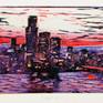 Seoul #1
Edition 2 of 5
Nine color reductive print of the Seoul city skyline, looking over the Han river. This reductive lino-print was hand printed using a baren on to 300gsm archive quality paper with Speedball oil based block printing inks.

Print size: 100mm x 200mm 
Paper size: 260mm x 340mm