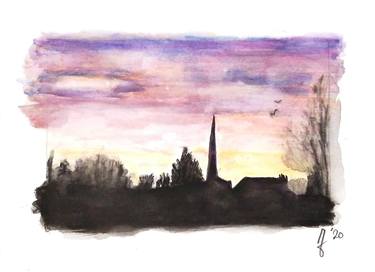 Village Sunset, watercolor skylines nr. 1 thumb
