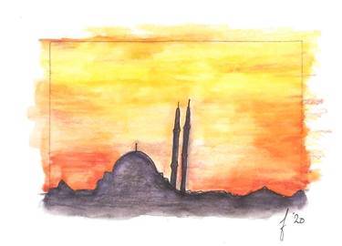 Istanbul Sunset, watercolor skylines nr. 2 thumb
