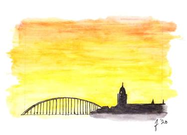 Zwolle Sunset, watercolor skylines nr. 04 thumb