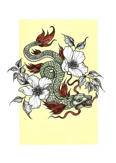 Metallic Watercolor Dragon with Flowers thumb